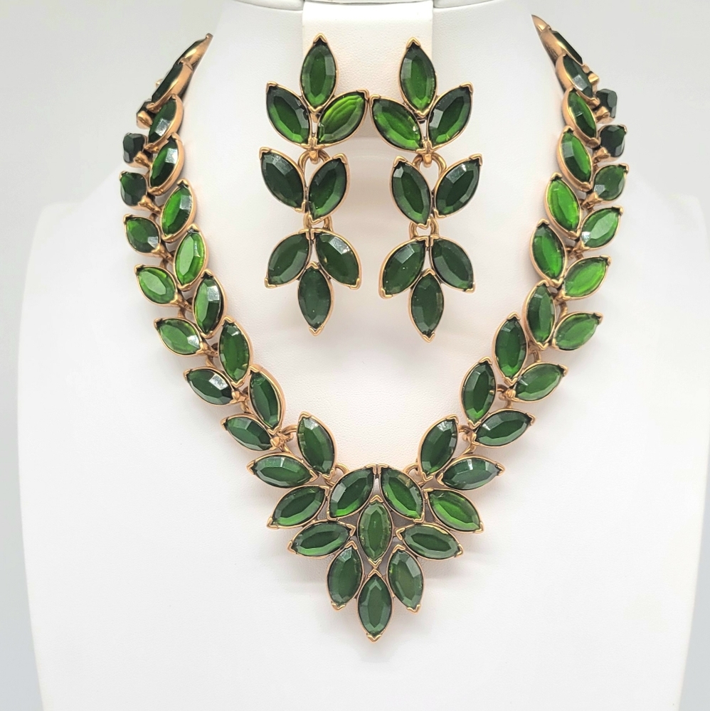 Oscar de la Renta Green Glass Vine Statement Necklace and Clip On Earring Set